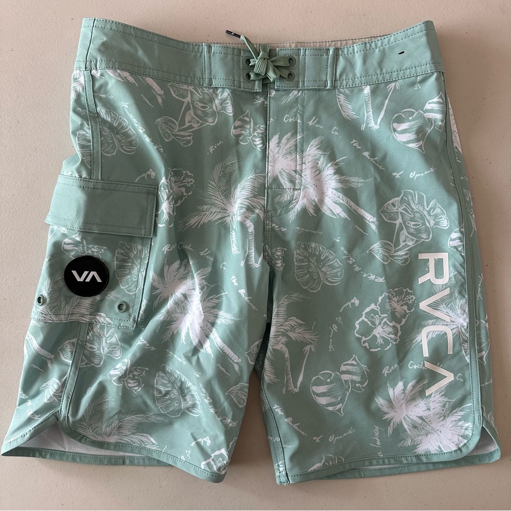 RVCA boys swim trunks teal tropical print size 28